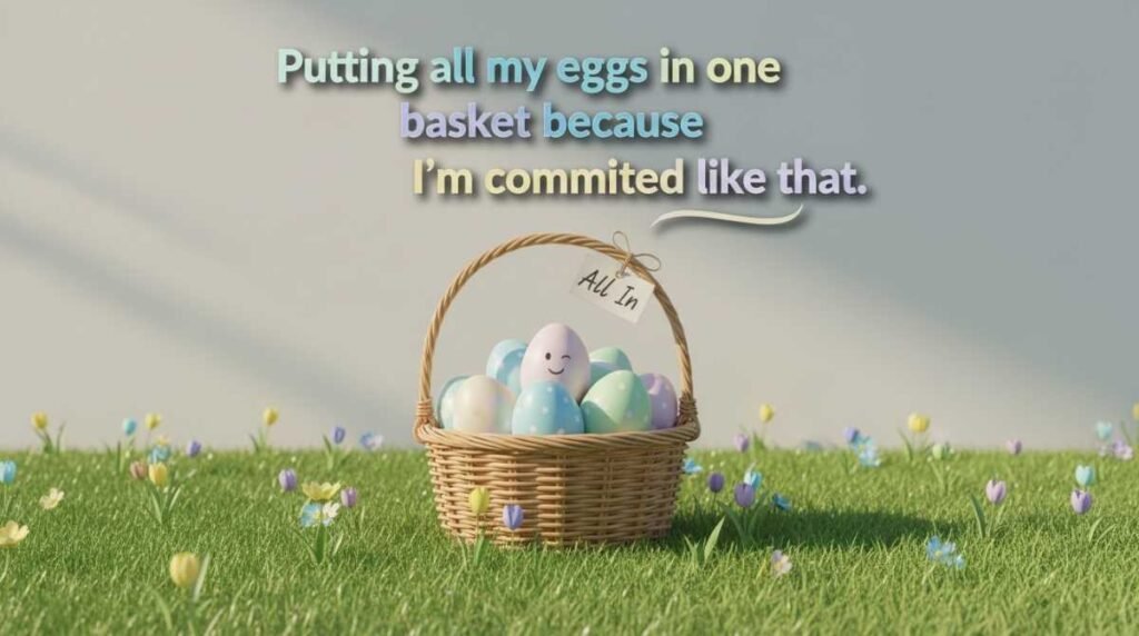 Clever Easter caption with egg pun about commitment and humor