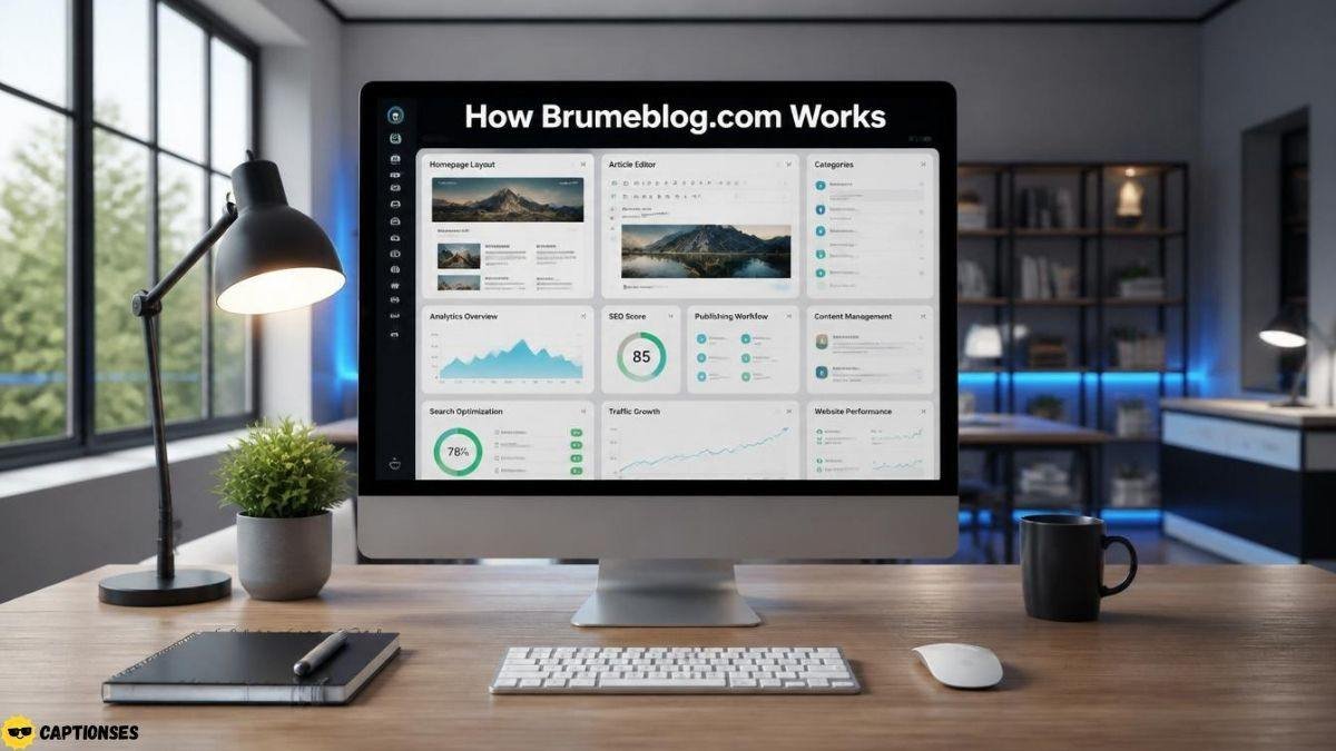 Desktop monitor showing Brumeblog.com dashboard interface